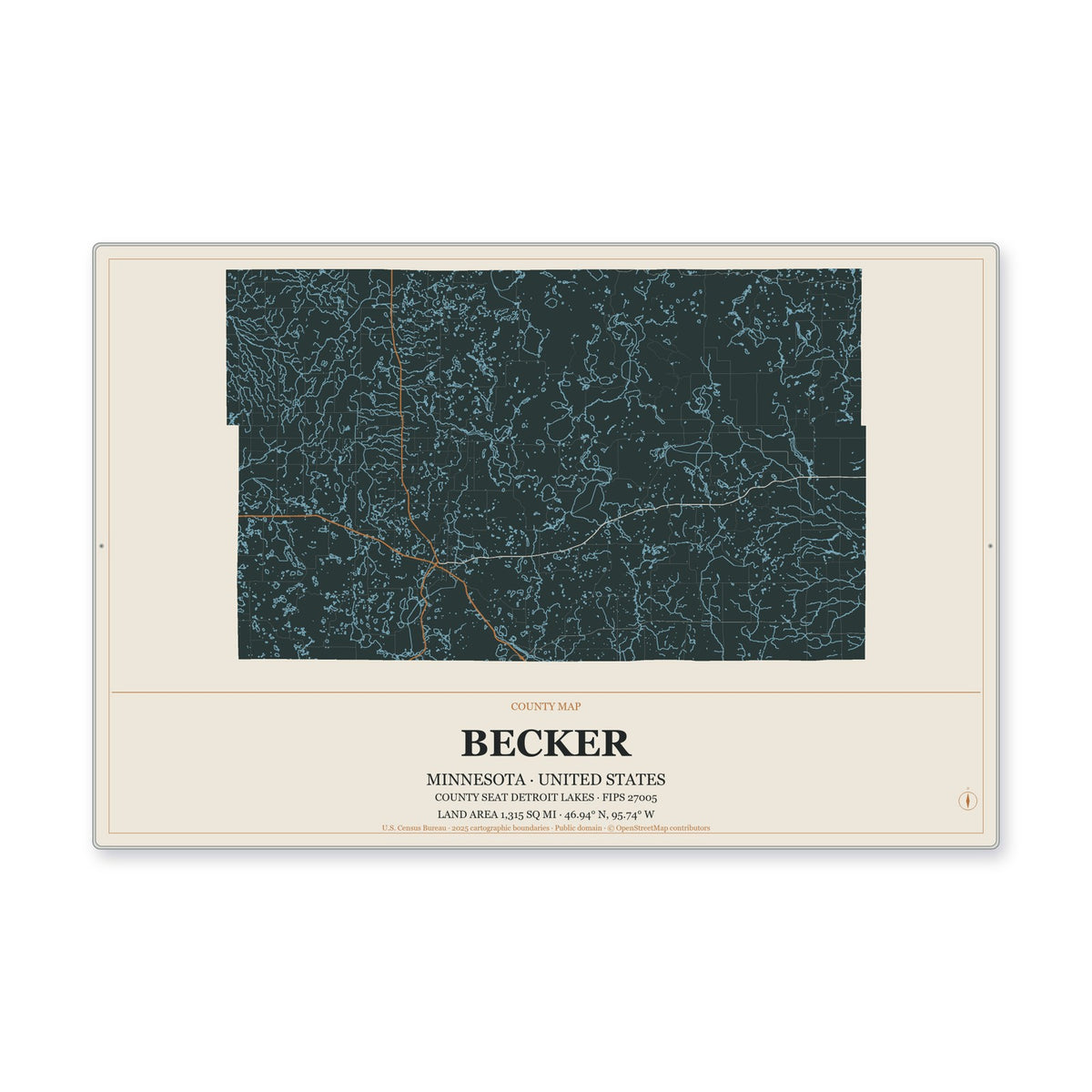 Becker County, Minnesota Map Aluminum Sign in Headline Atlas style