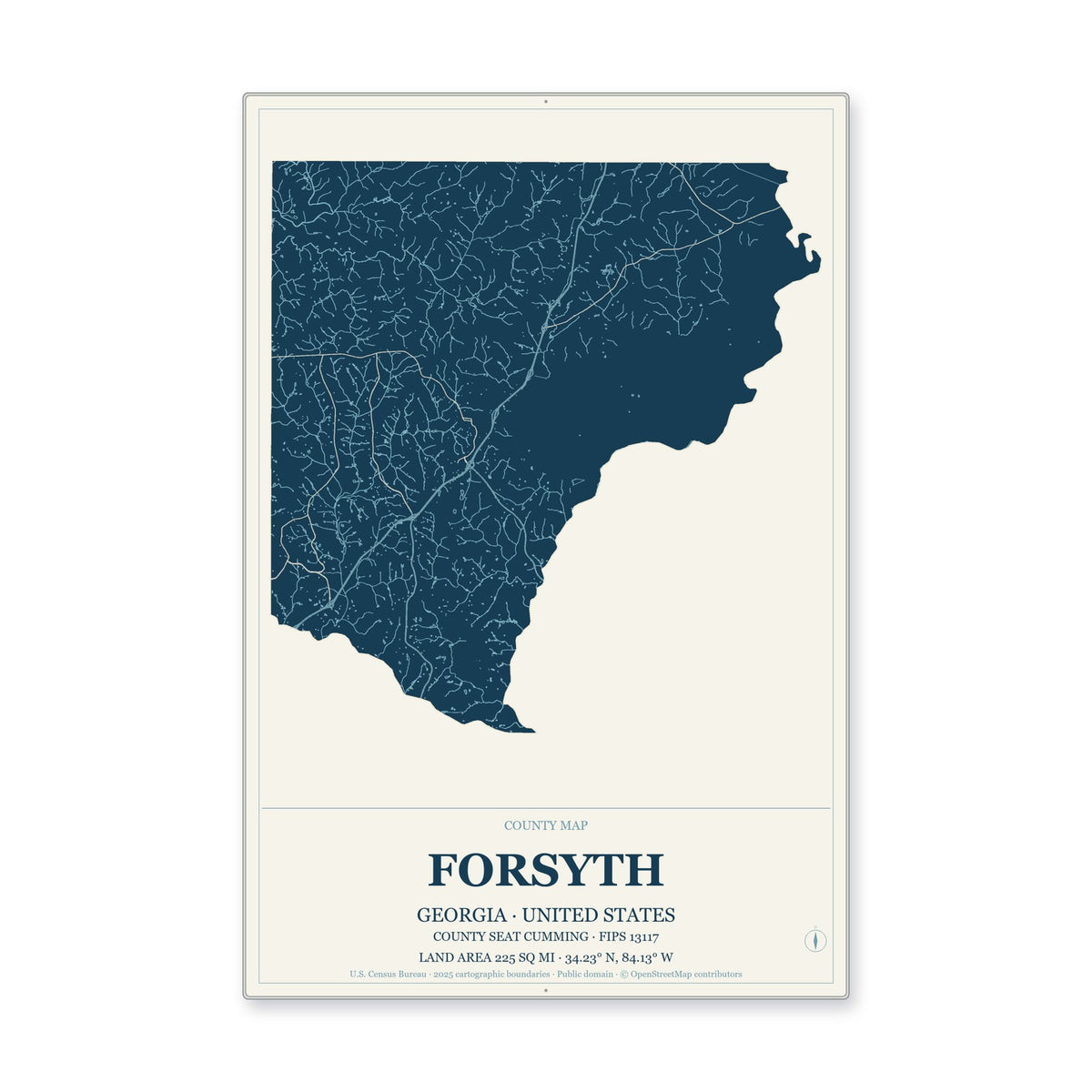 Forsyth County, Georgia Map Aluminum Sign in Coastal Cutout style