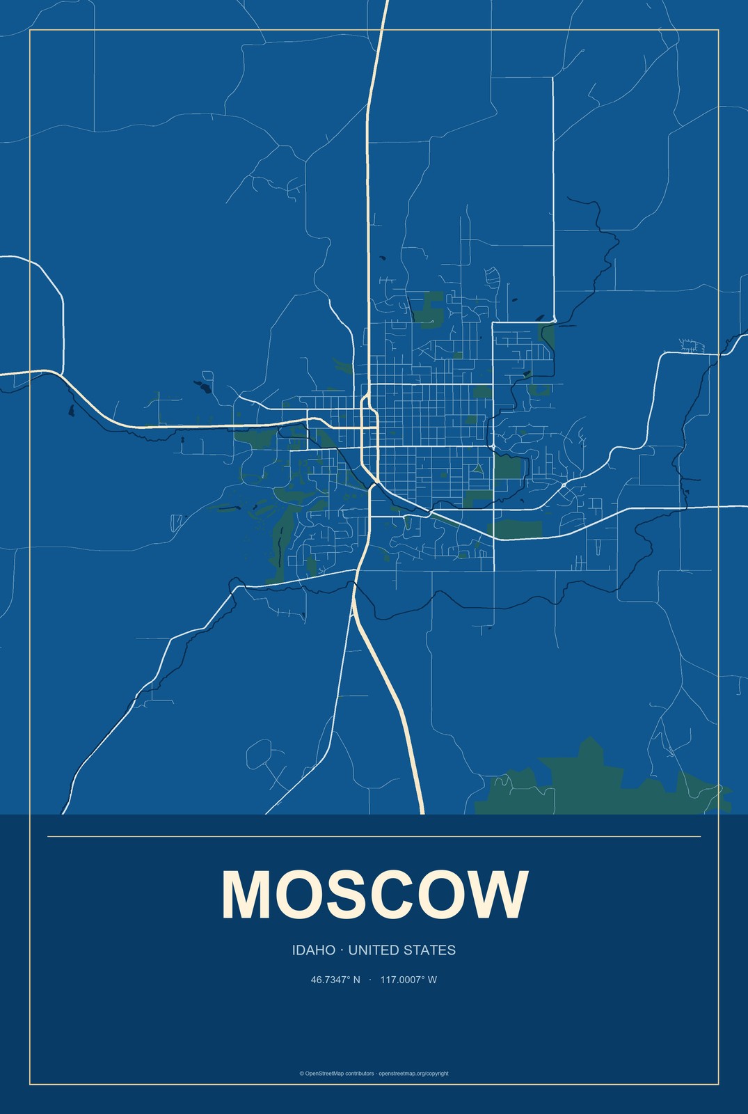 Moscow, Idaho City Map Aluminum Sign in Harbor Cobalt style