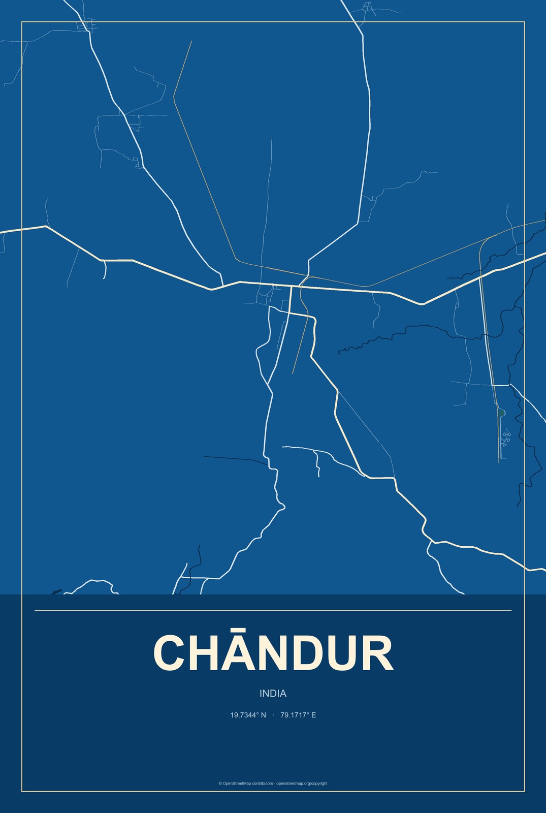Chāndur, India City Map Aluminum Sign in Harbor Cobalt style