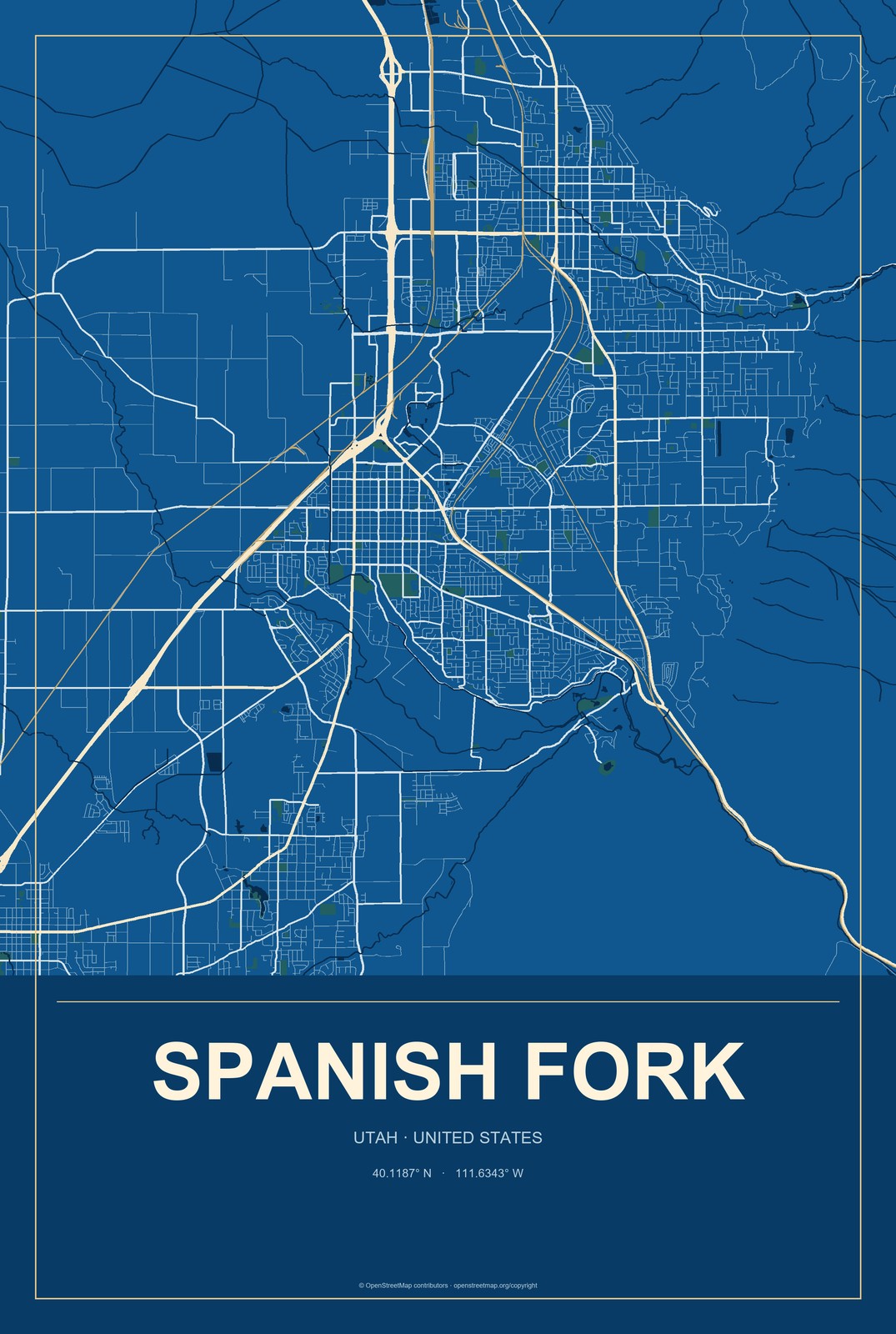 Spanish Fork, Utah City Map Aluminum Sign in Harbor Cobalt style