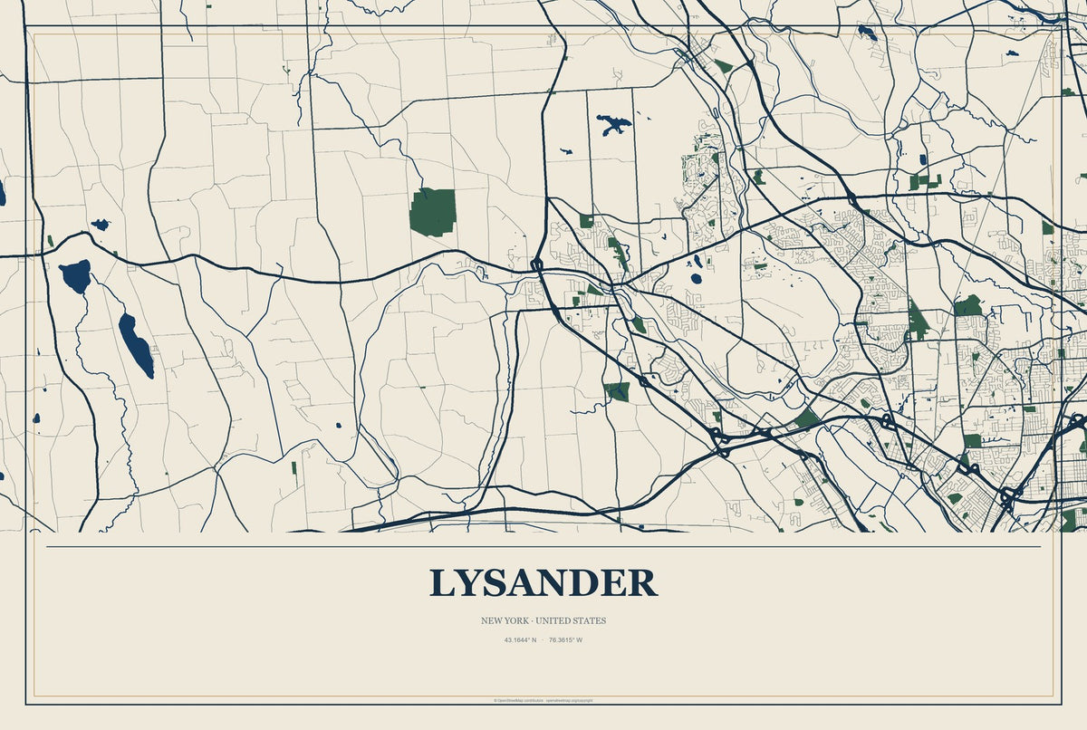 Lysander, New York City Map Aluminum Sign in Coastal Cutout style