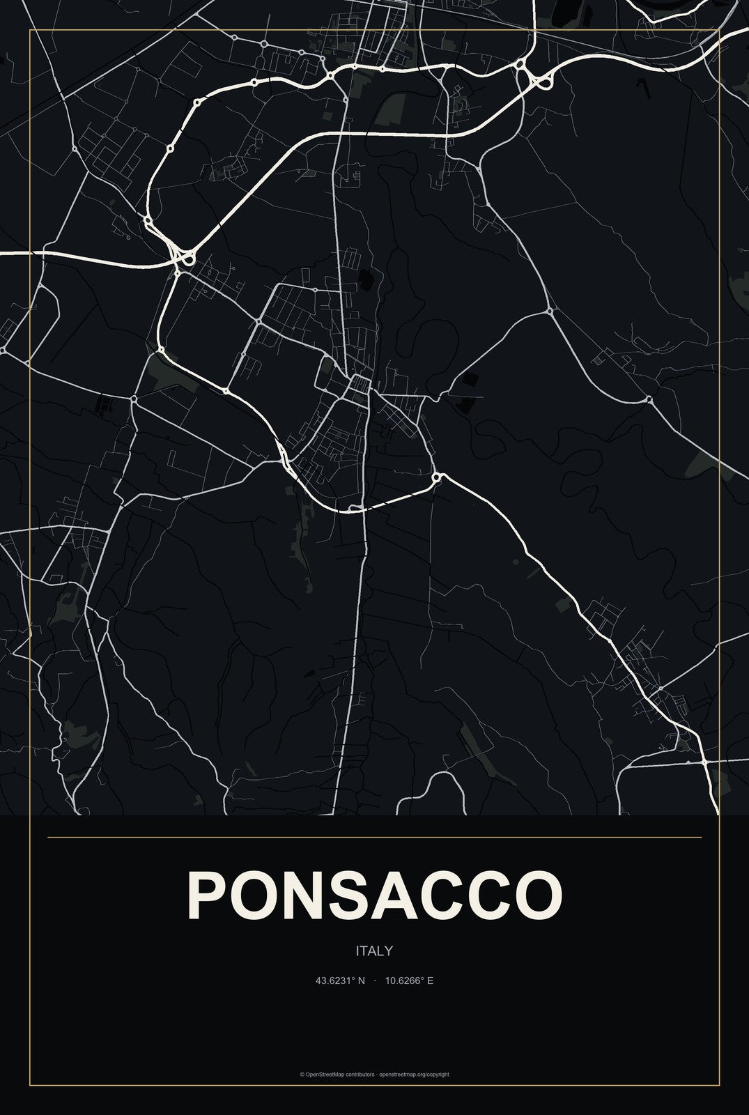 Ponsacco, Italy City Map Aluminum Sign in Metropolitan Noir style