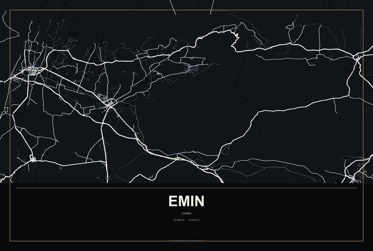 Emin, China City Map Aluminum Sign in Metropolitan Noir style