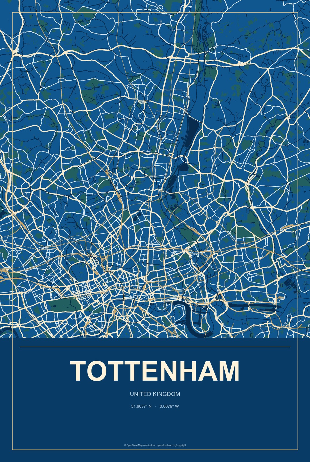 Tottenham, United Kingdom City Map Aluminum Sign in Harbor Cobalt style