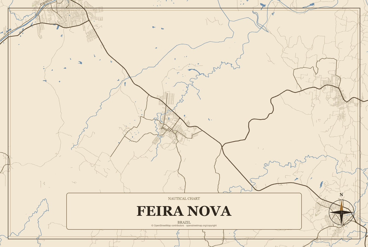 Feira Nova, Brazil City Map Aluminum Sign in Heritage Nautical style