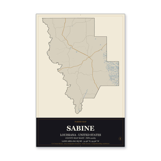 Sabine Parish, Louisiana Map Aluminum Sign in Museum Plaque style