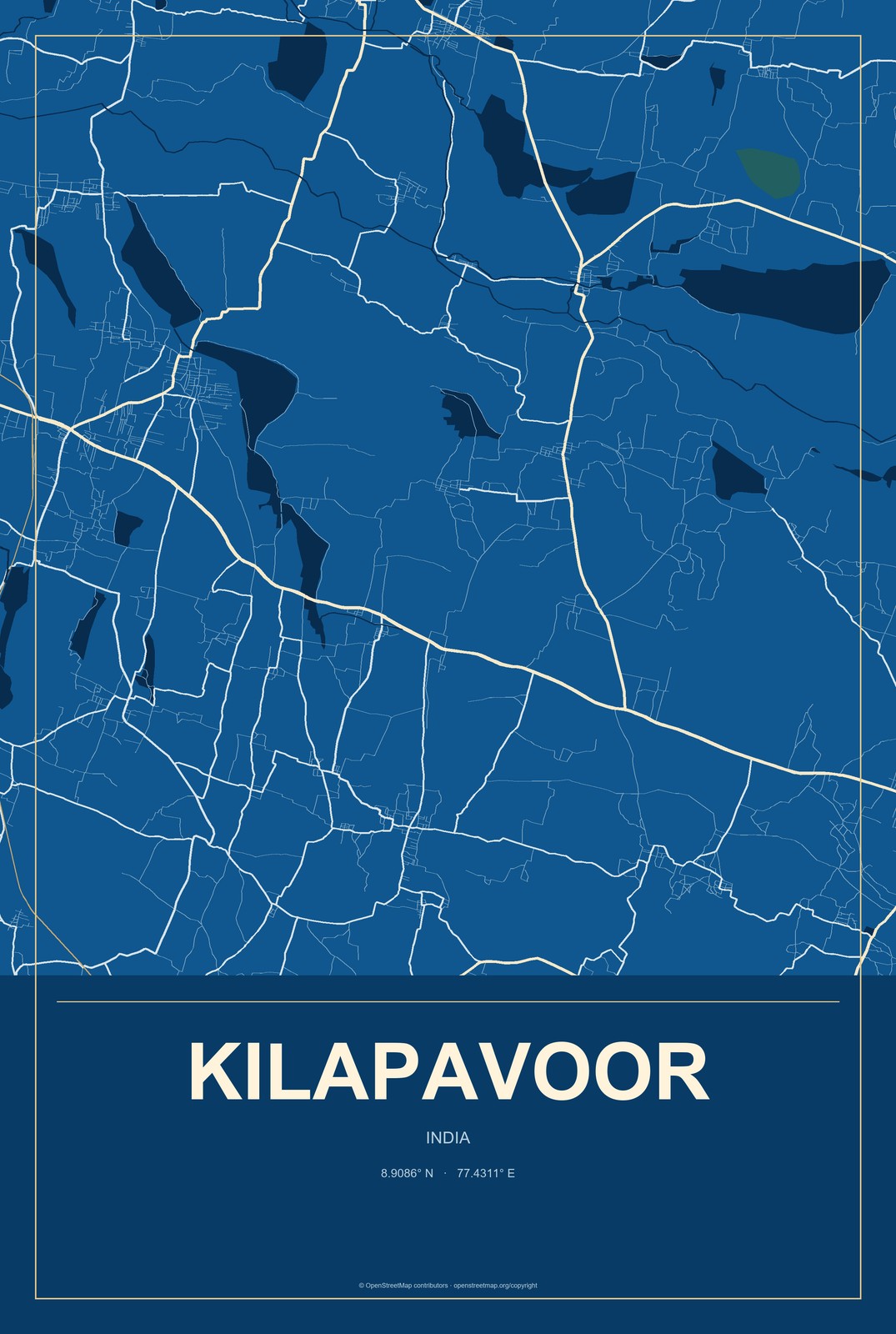 Kilapavoor, India City Map Aluminum Sign in Harbor Cobalt style
