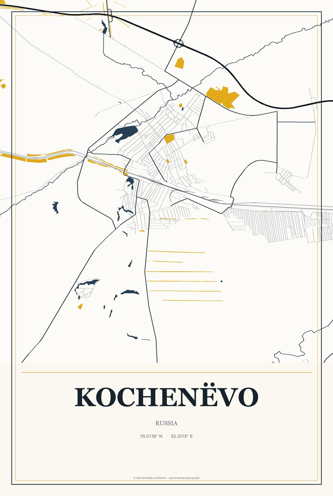 Kochenëvo, Russia City Map Aluminum Sign in Citrine Modern style
