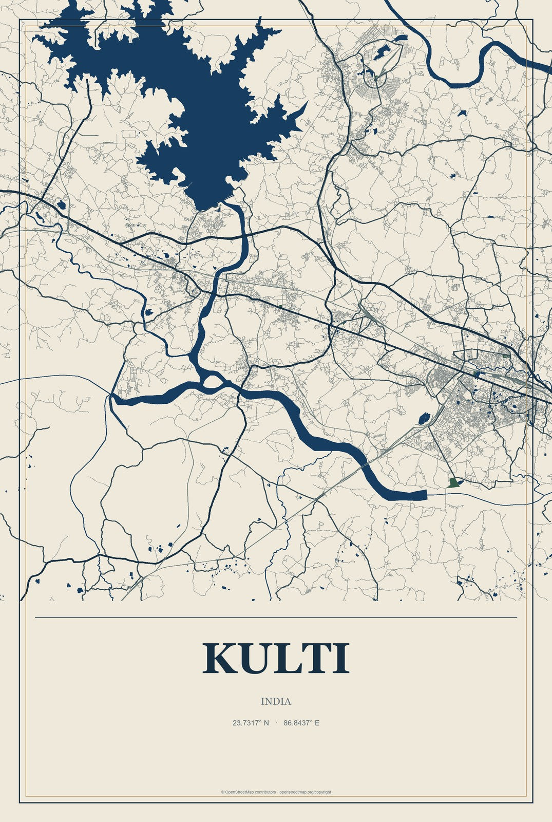 Kulti, India City Map Aluminum Sign in Coastal Cutout style
