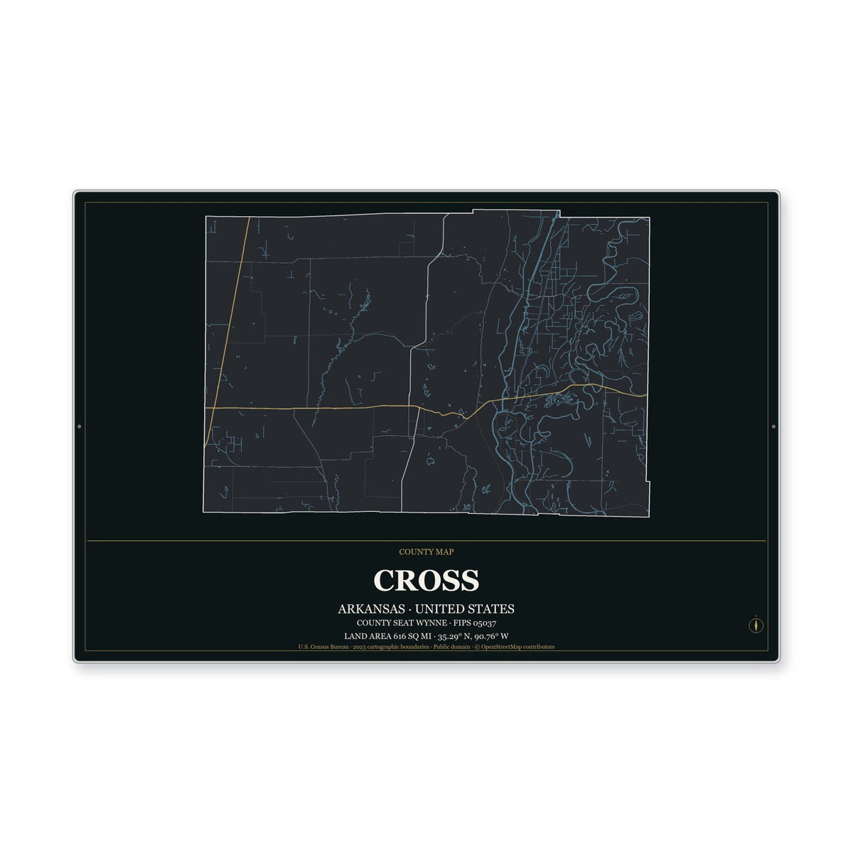 Cross County, Arkansas Map Aluminum Sign in Metropolitan Noir style