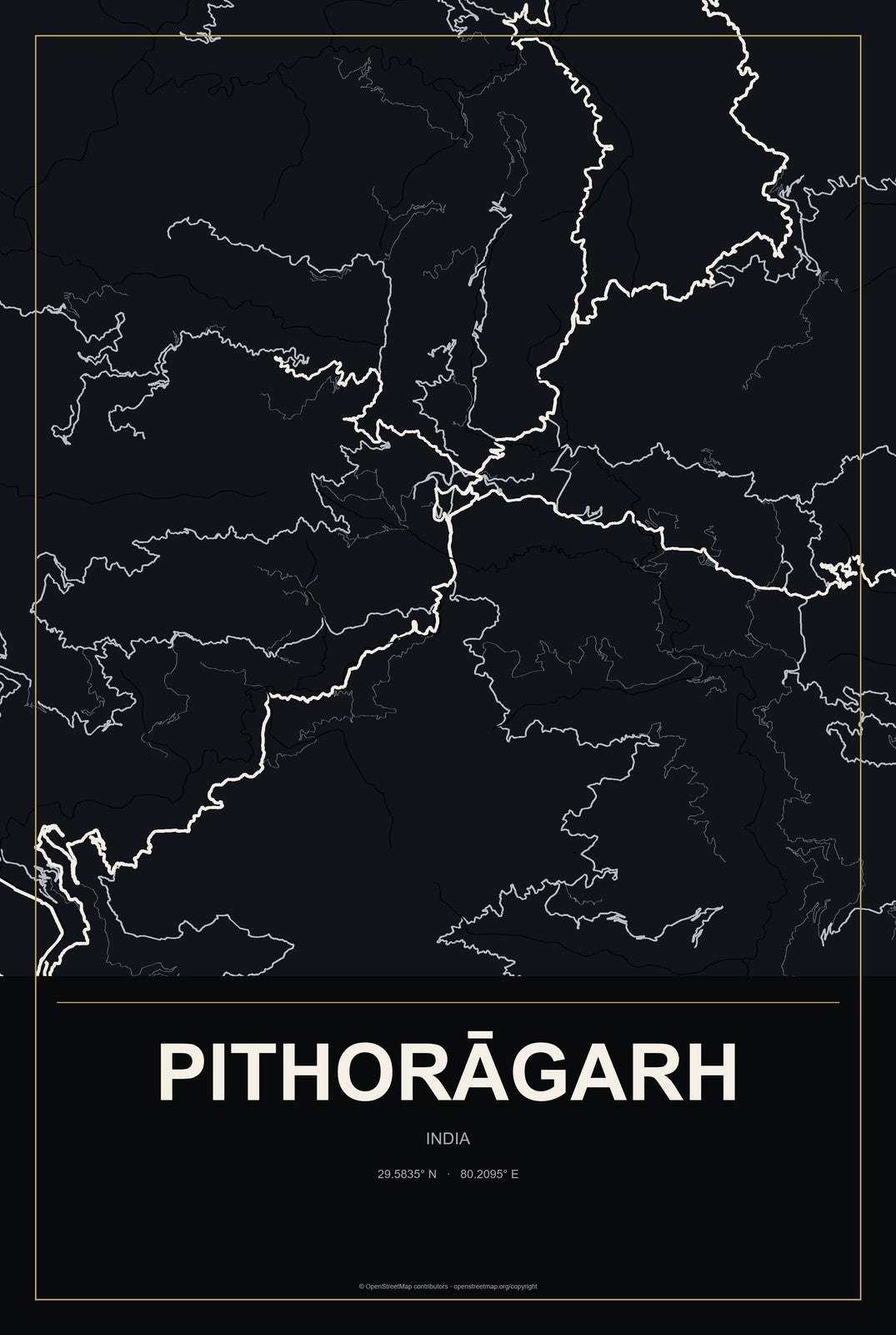 Pithorāgarh, India City Map Aluminum Sign in Metropolitan Noir style