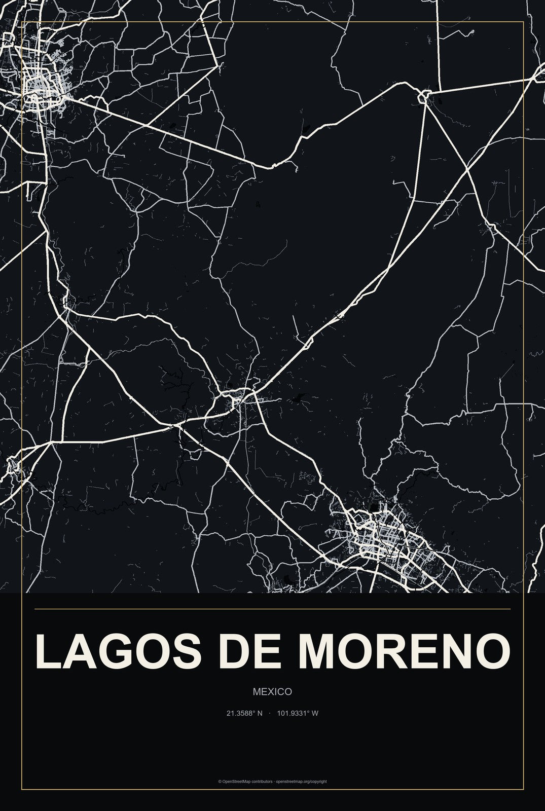 Lagos de Moreno, Mexico City Map Aluminum Sign in Metropolitan Noir style