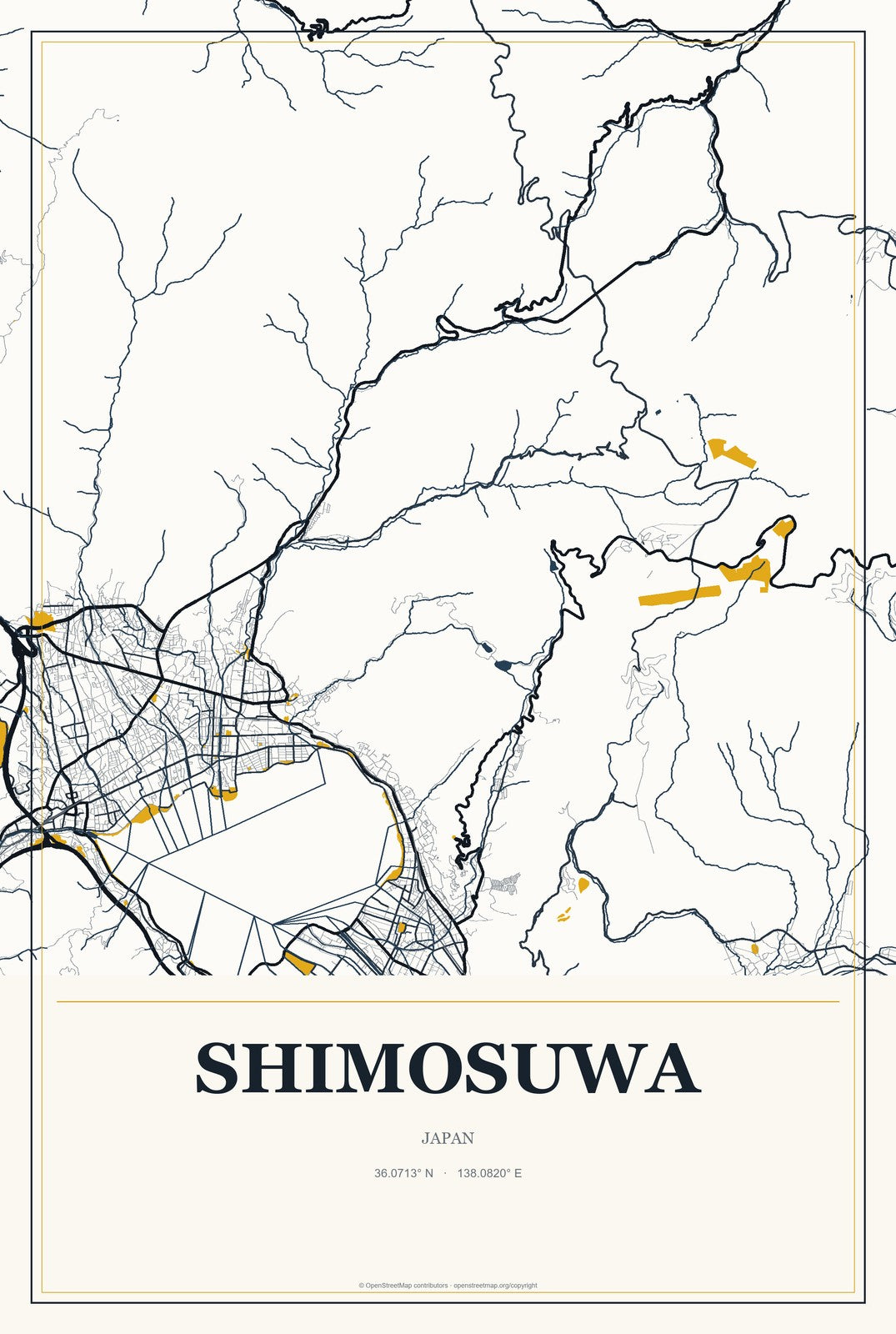 Shimosuwa, Japan City Map Aluminum Sign in Citrine Modern style