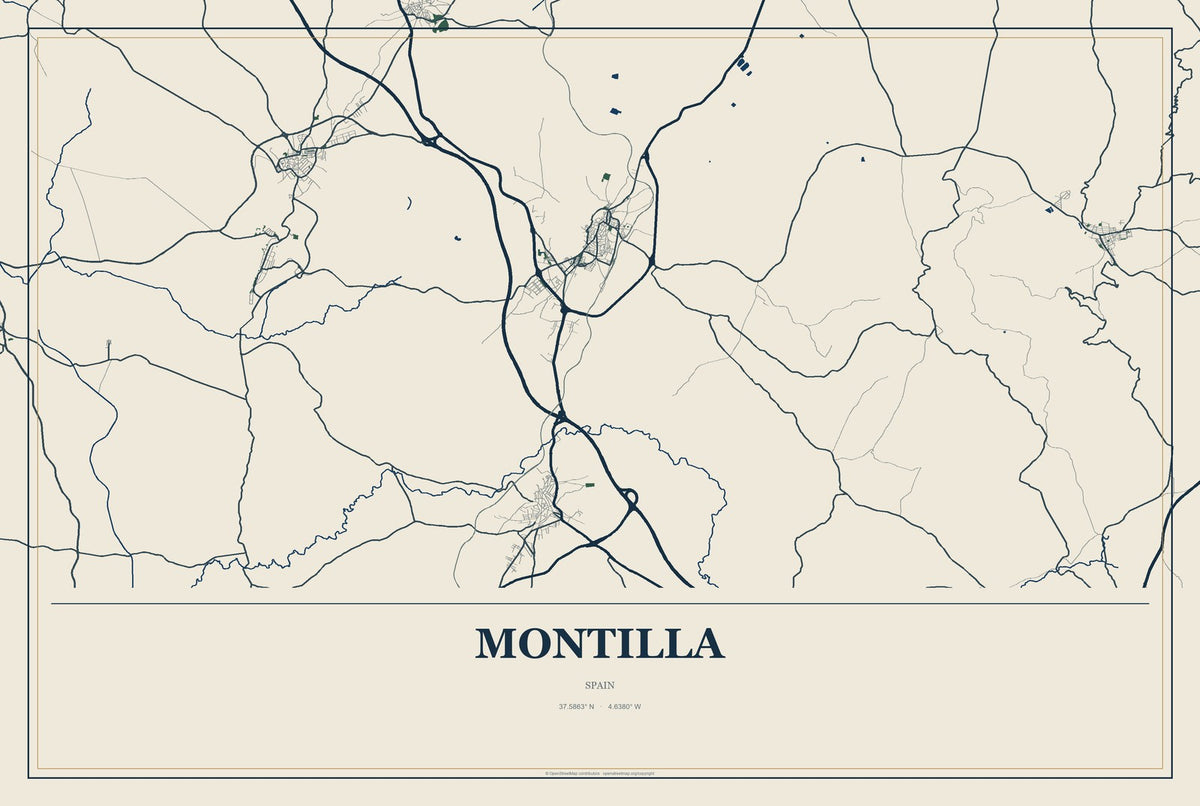Montilla, Spain City Map Aluminum Sign in Coastal Cutout style
