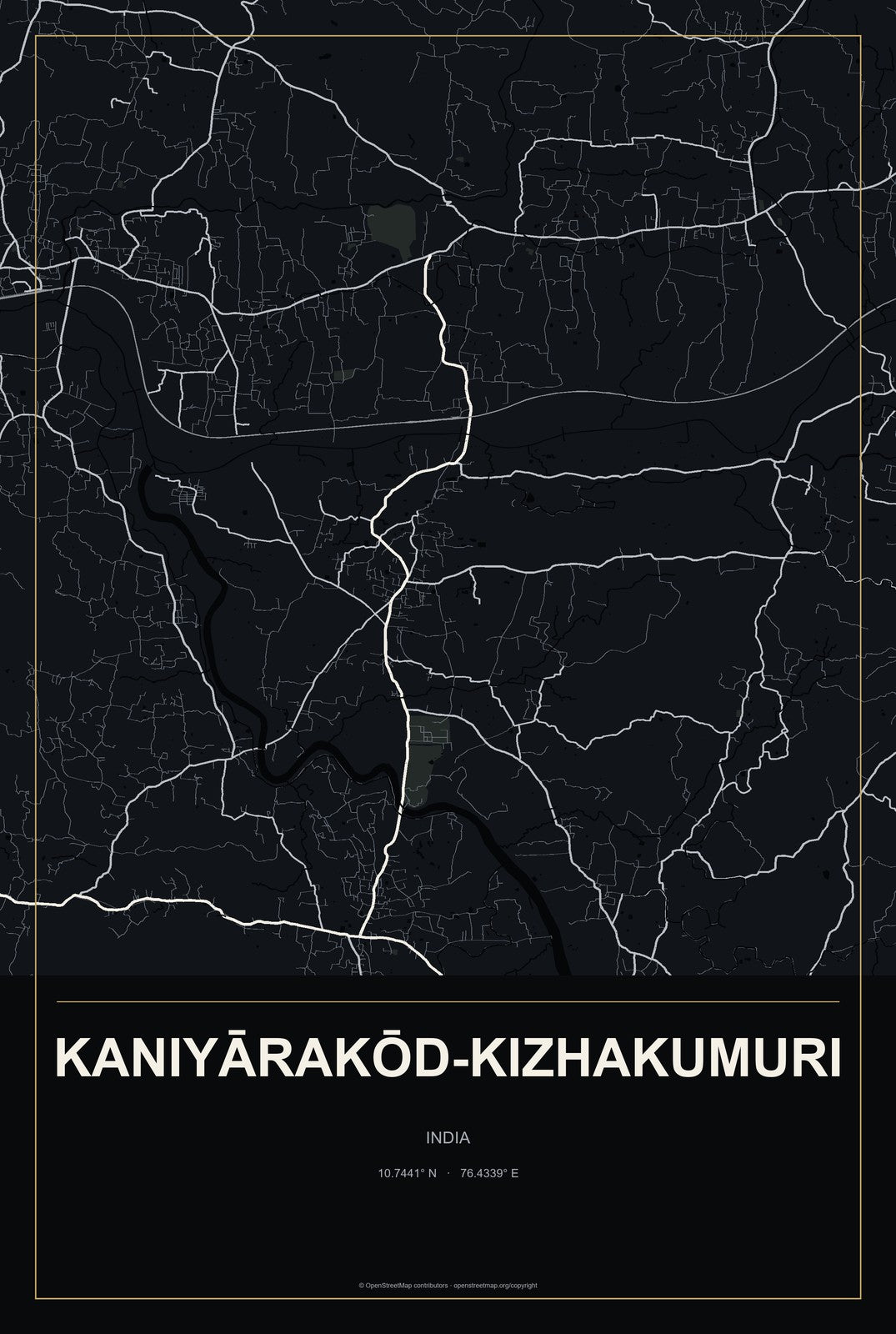 Kaniyārakōd-Kizhakumuri, India City Map Aluminum Sign in Metropolitan Noir style