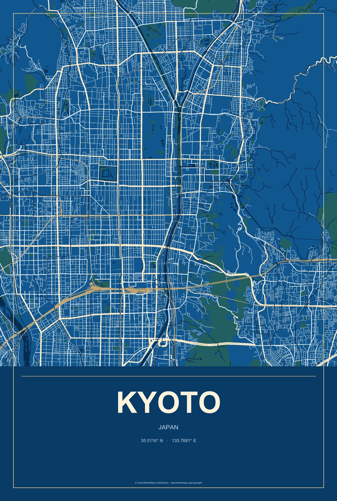 Kyoto, Japan City Map Aluminum Sign in Harbor Cobalt style