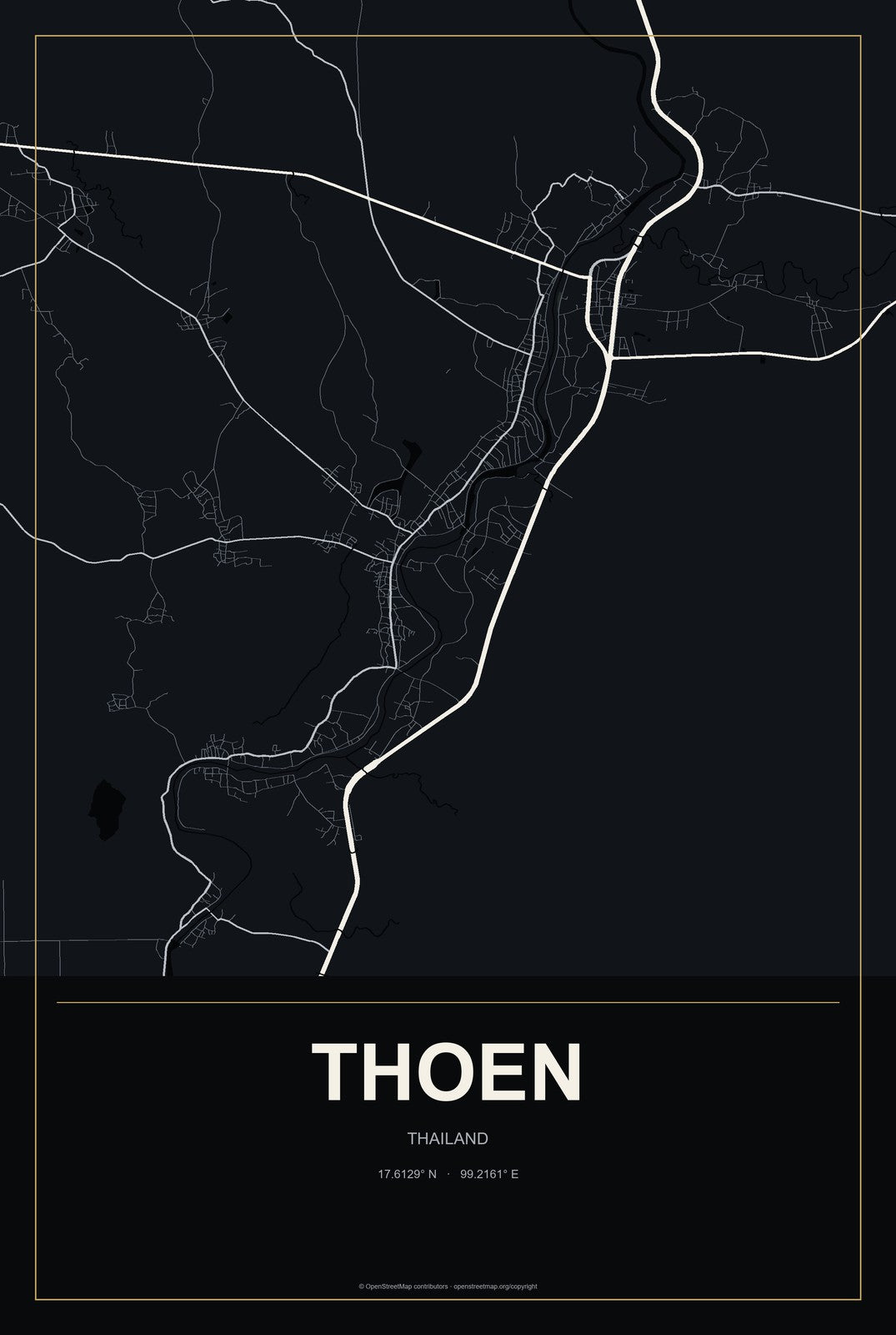 Thoen, Thailand City Map Aluminum Sign in Metropolitan Noir style