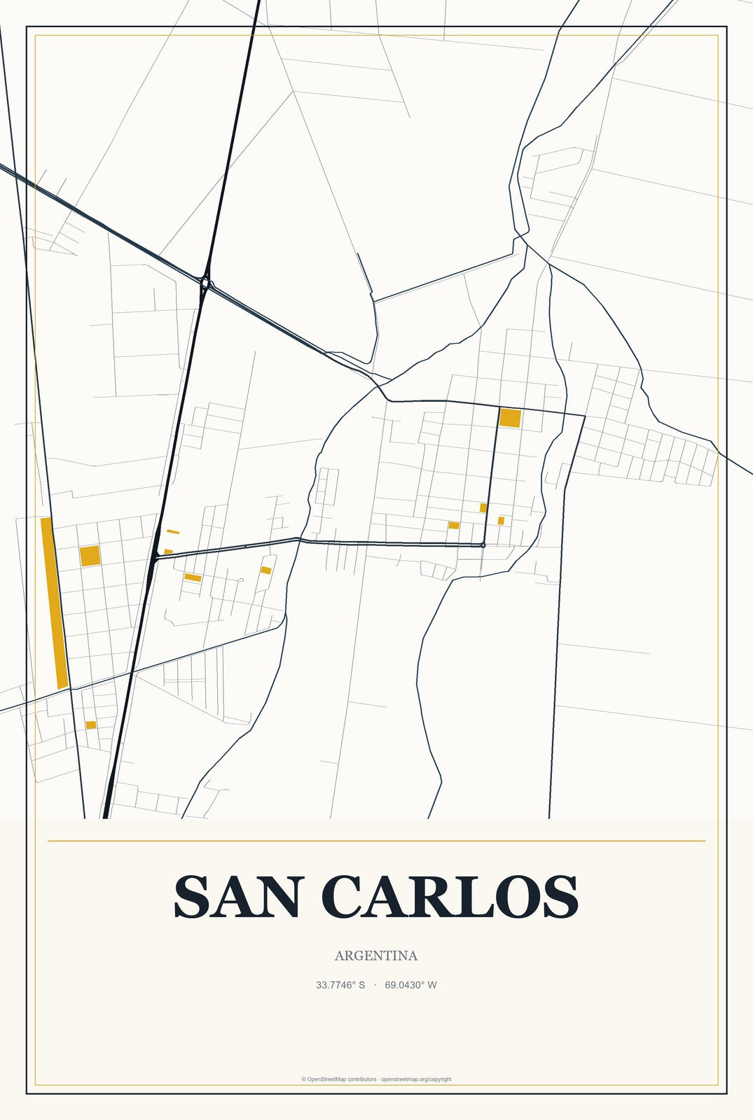 San Carlos, Argentina City Map Aluminum Sign in Citrine Modern style