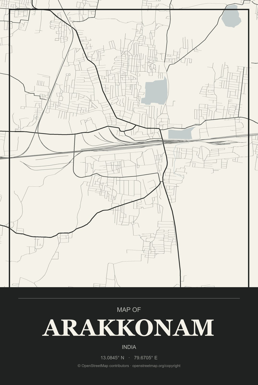 Arakkonam, India City Map Aluminum Sign in Museum Plaque style
