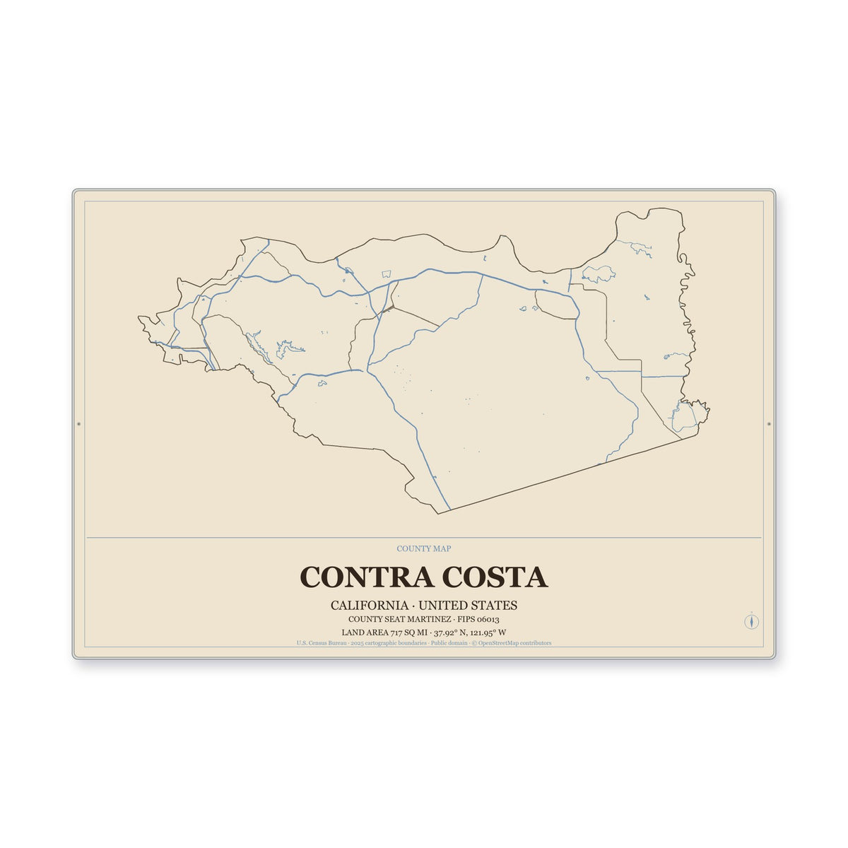 Contra Costa County, California Map Aluminum Sign in Heritage Nautical style