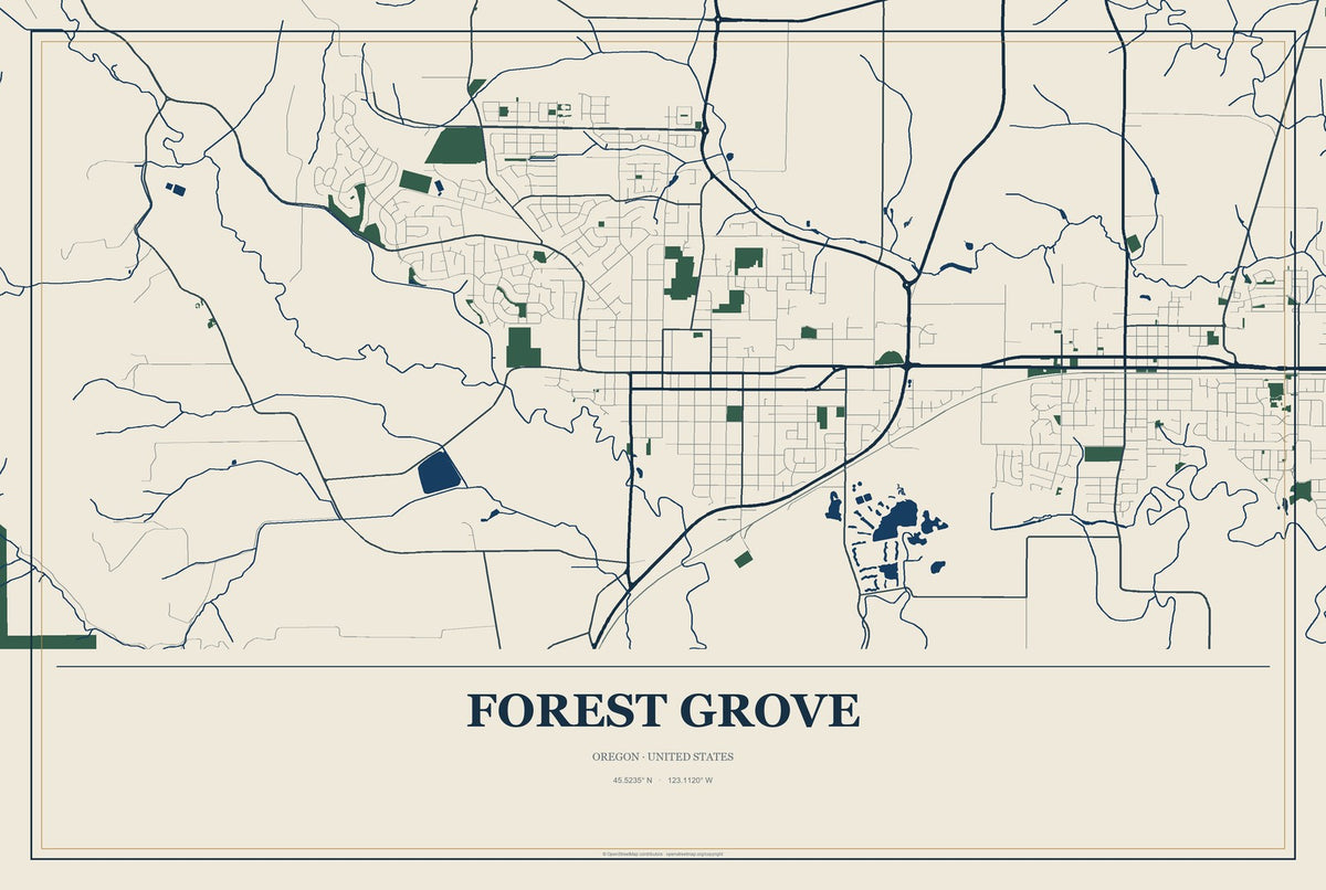 Forest Grove, Oregon City Map Aluminum Sign in Coastal Cutout style