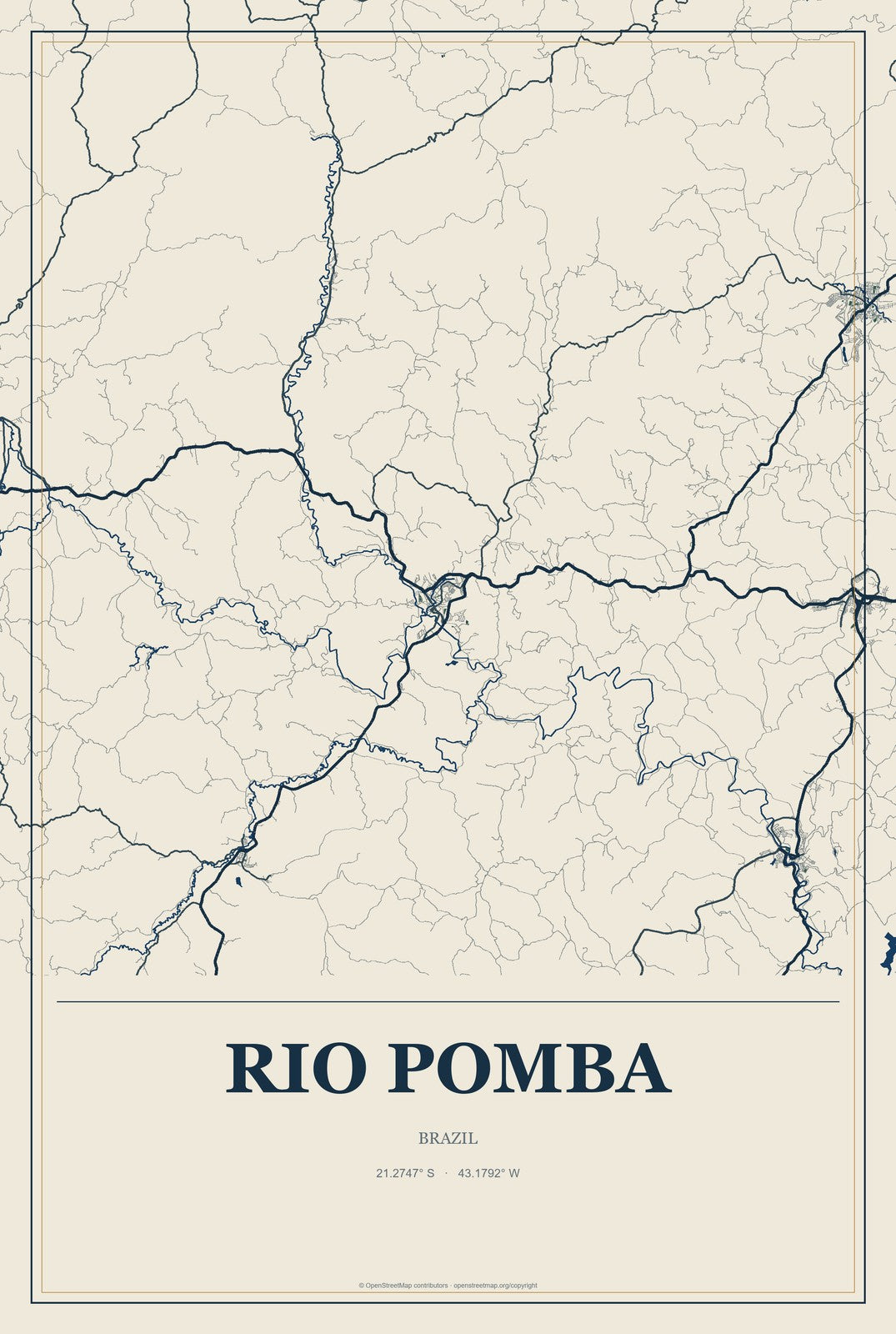 Rio Pomba, Brazil City Map Aluminum Sign in Coastal Cutout style