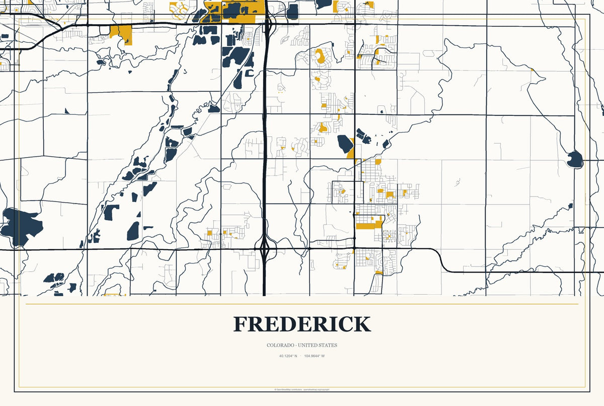 Frederick, Colorado City Map Aluminum Sign in Citrine Modern style