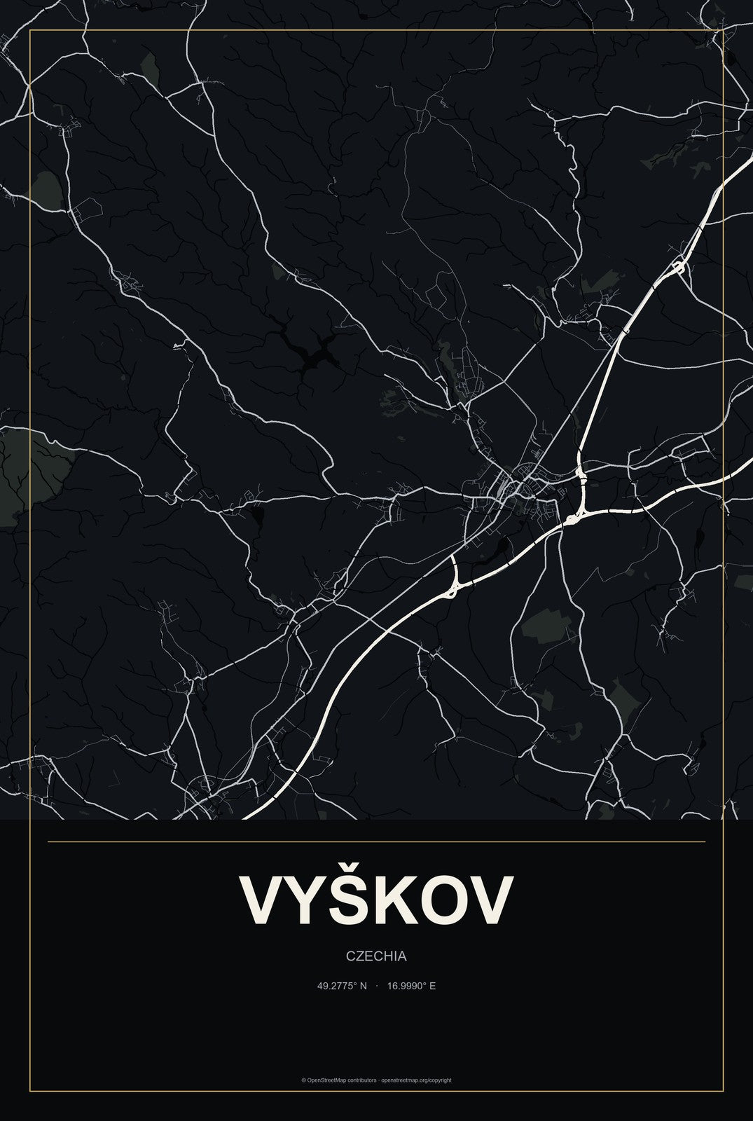 Vyškov, Czechia City Map Aluminum Sign in Metropolitan Noir style