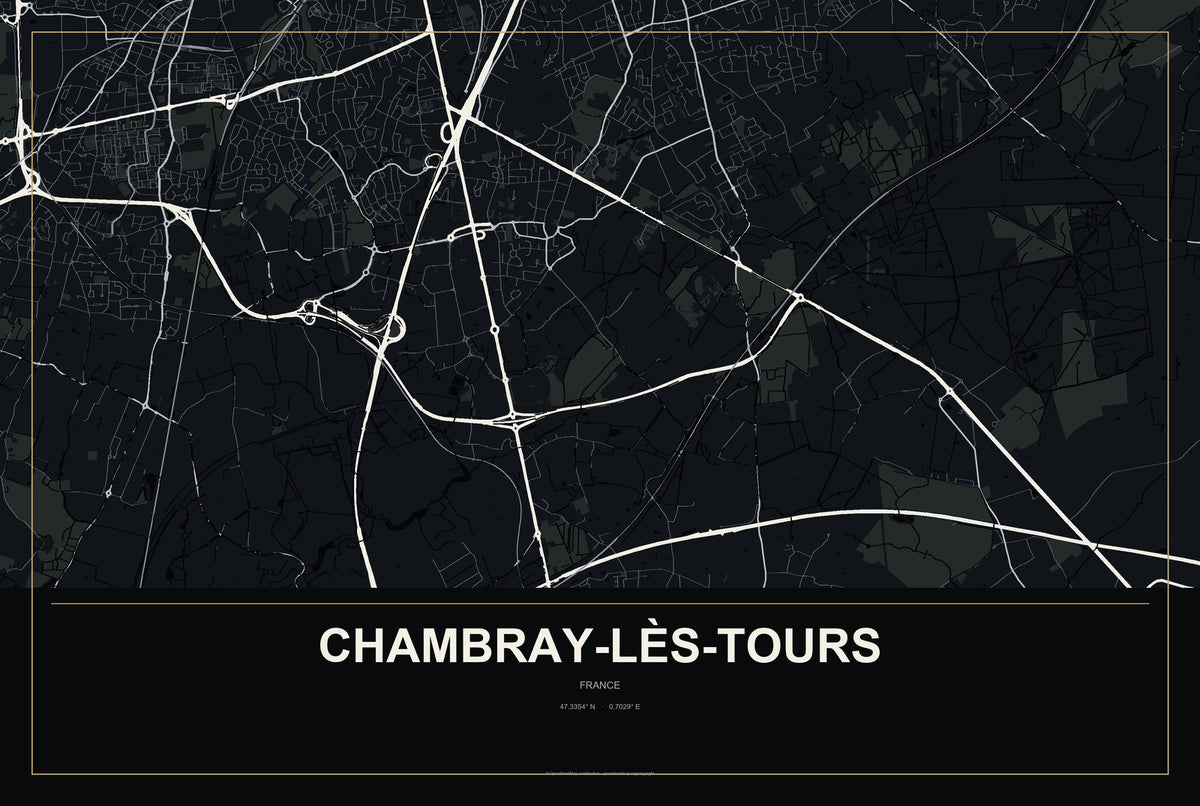 Chambray-lès-Tours, France City Map Aluminum Sign in Metropolitan Noir style