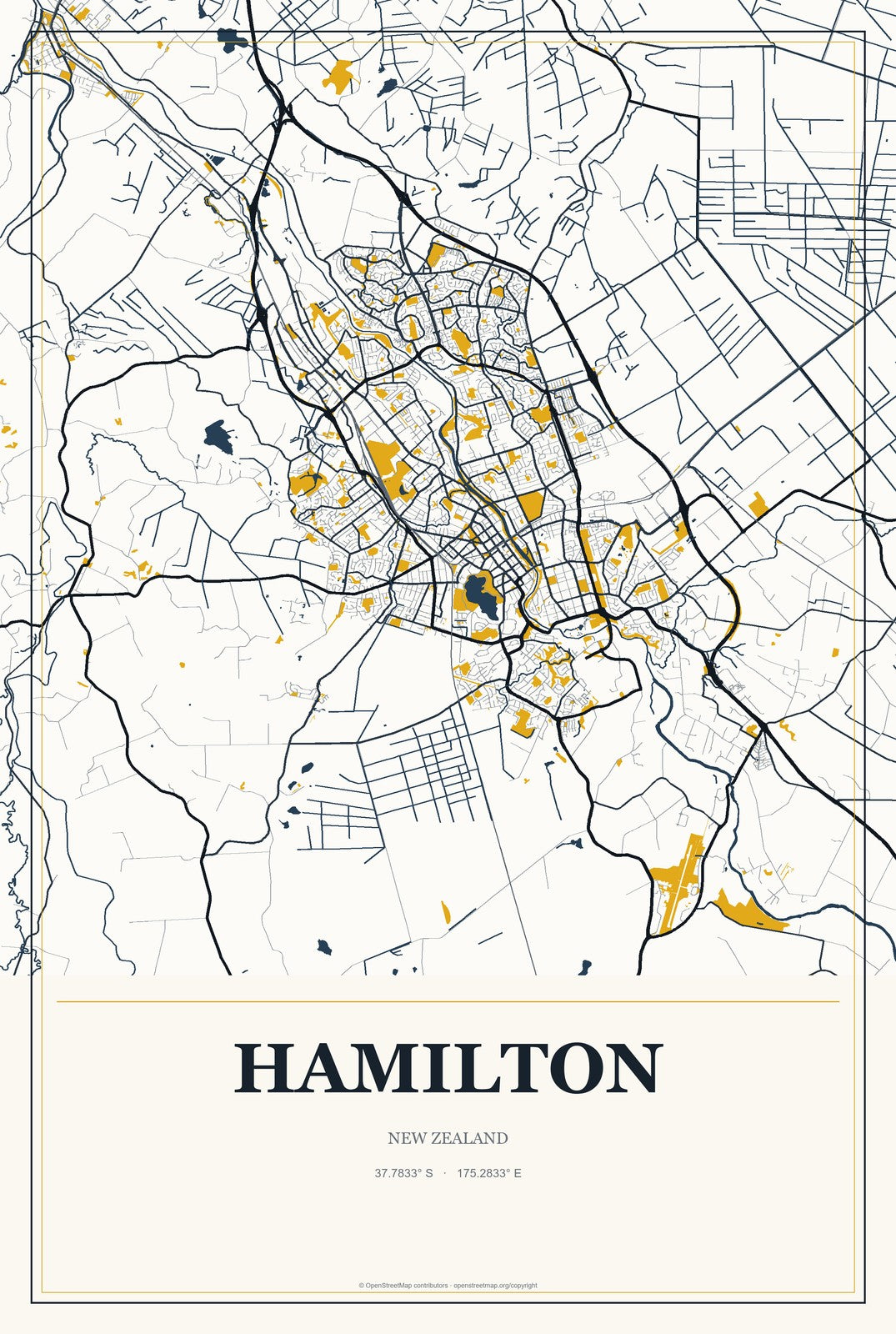 Hamilton, New Zealand City Map Aluminum Sign in Citrine Modern style