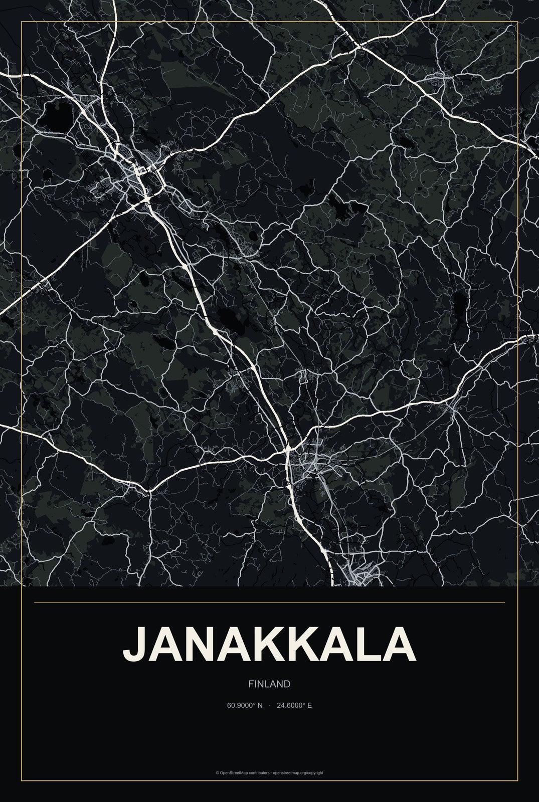 Janakkala, Finland City Map Aluminum Sign in Metropolitan Noir style