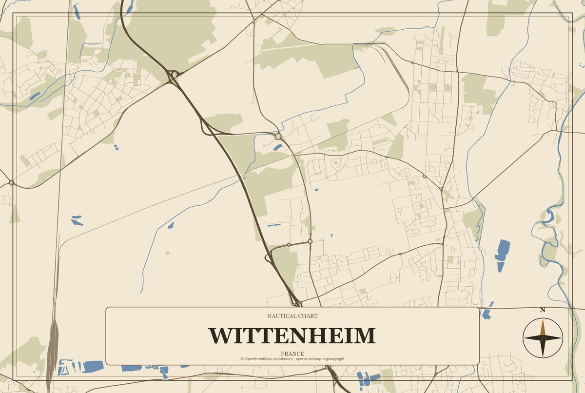 Wittenheim, France City Map Aluminum Sign in Heritage Nautical style
