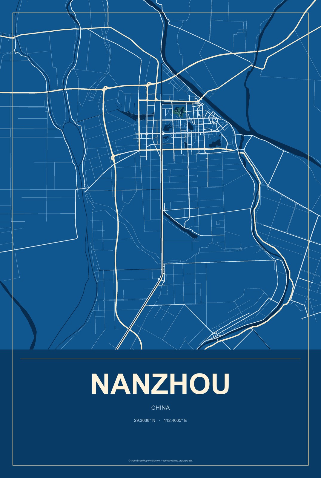 Nanzhou, China City Map Aluminum Sign in Harbor Cobalt style