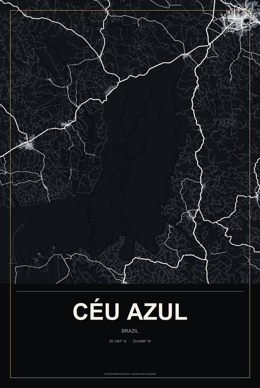 Céu Azul, Brazil City Map Aluminum Sign in Metropolitan Noir style