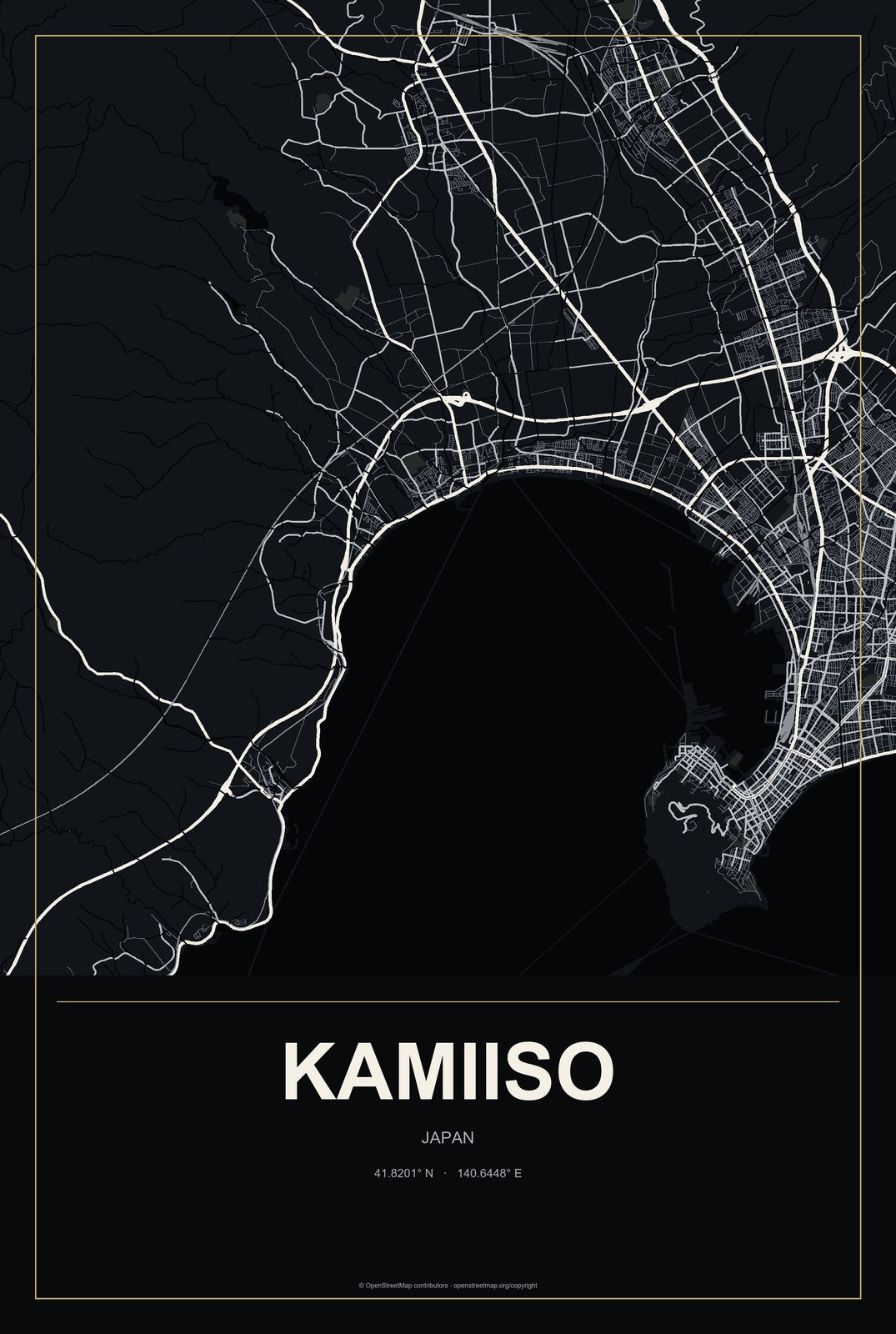 Kamiiso, Japan City Map Aluminum Sign in Metropolitan Noir style