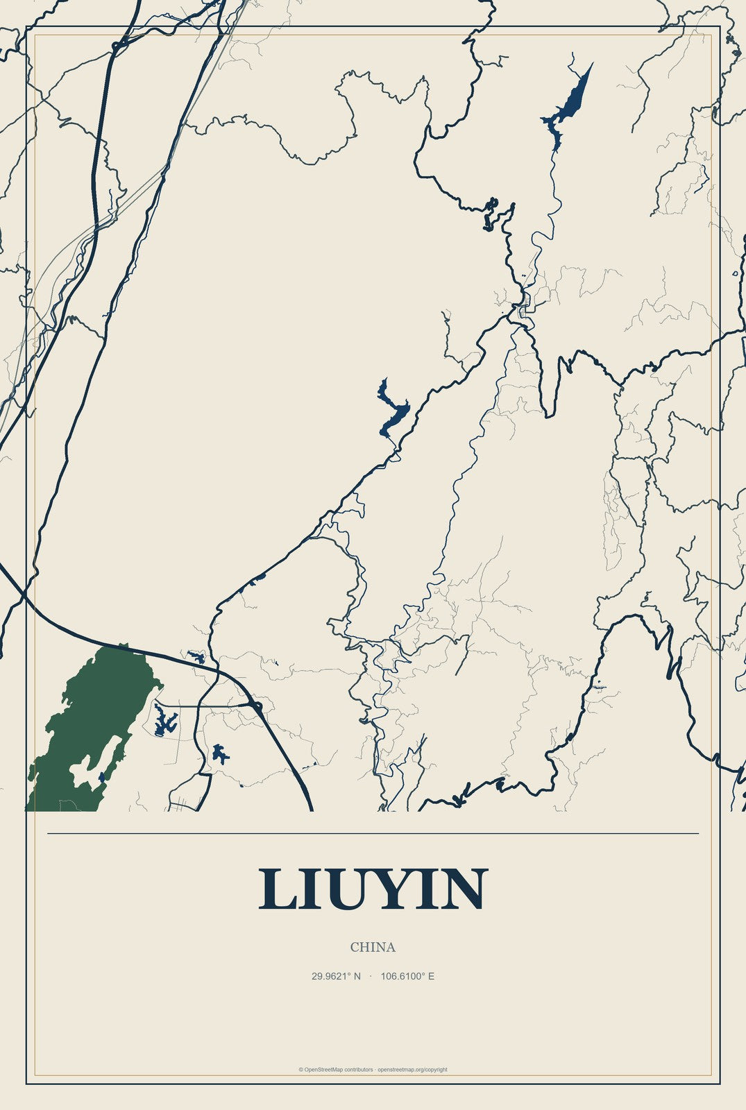 Liuyin, China City Map Aluminum Sign in Coastal Cutout style