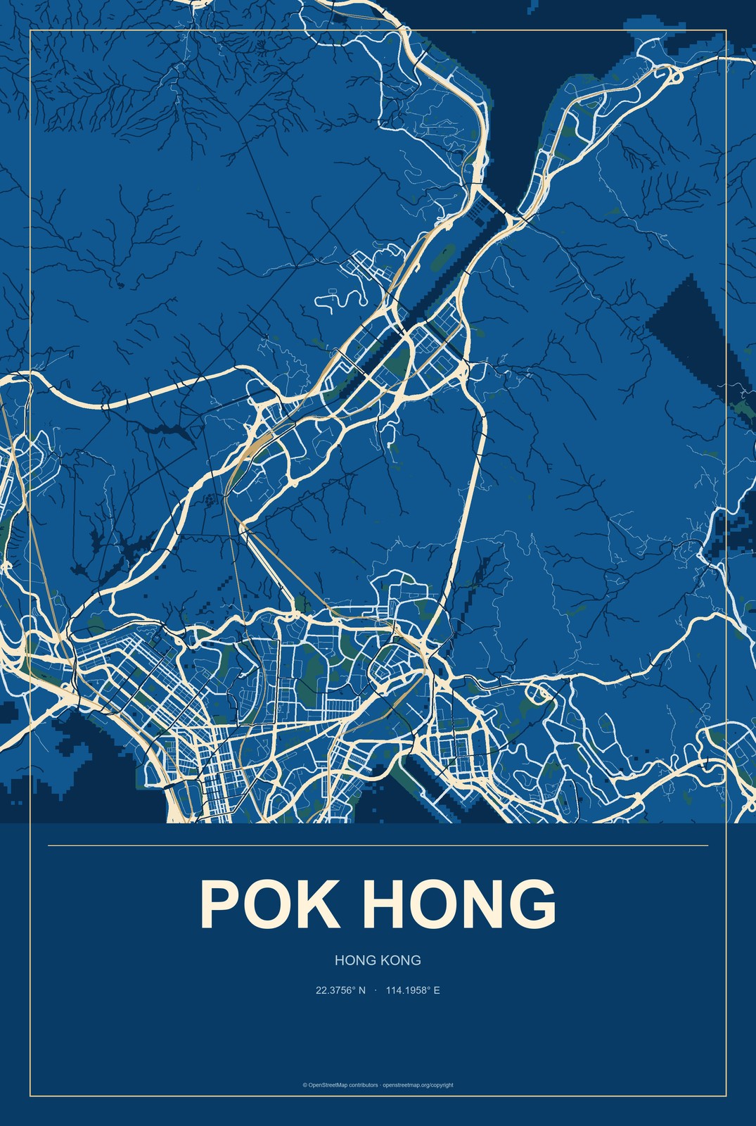 Pok Hong, Hong Kong City Map Aluminum Sign in Harbor Cobalt style