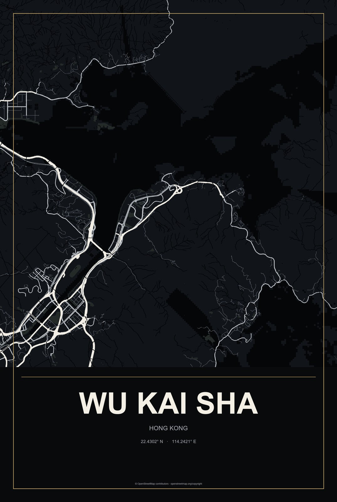 Wu Kai Sha, Hong Kong City Map Aluminum Sign in Metropolitan Noir style
