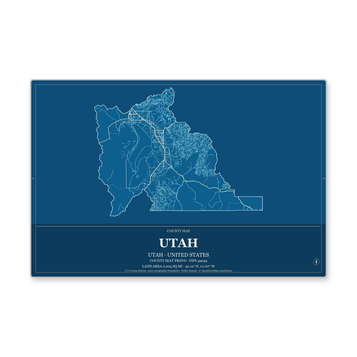 Utah County, Utah Map Aluminum Sign in Harbor Cobalt style