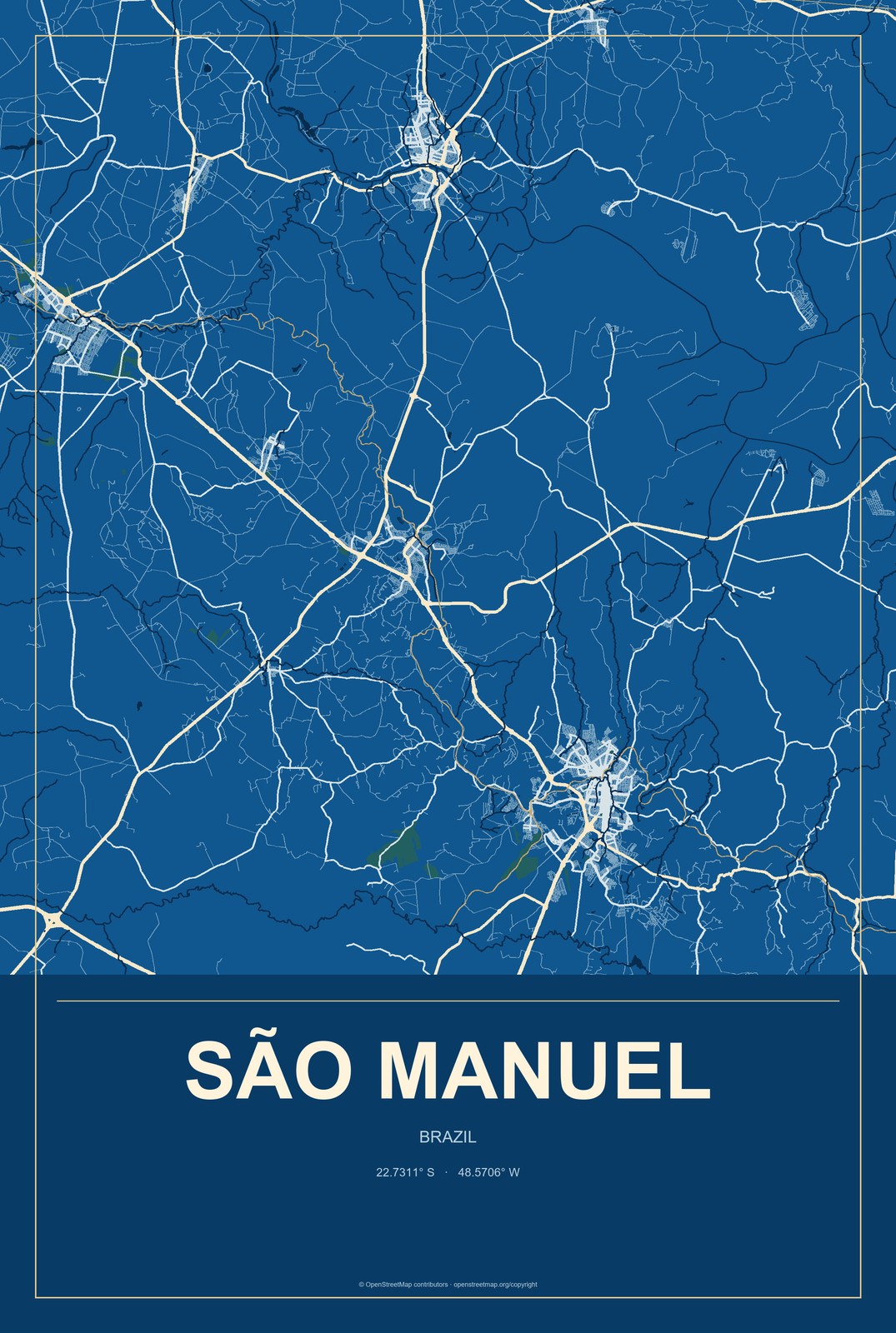 São Manuel, Brazil City Map Aluminum Sign in Harbor Cobalt style