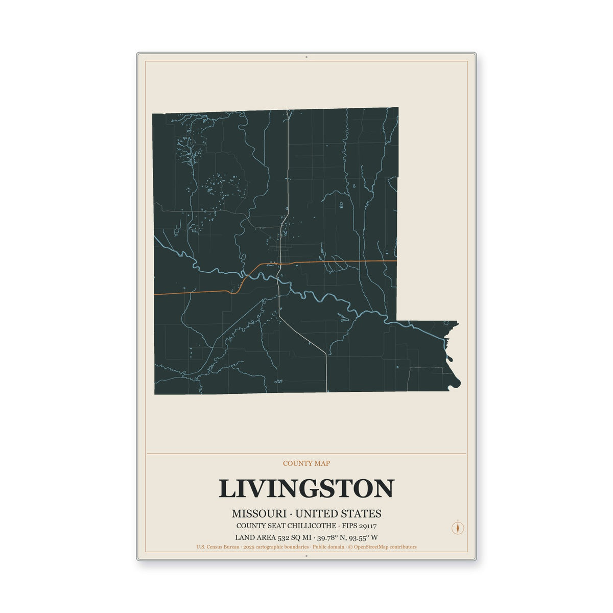 Livingston County, Missouri Map Aluminum Sign in Headline Atlas style