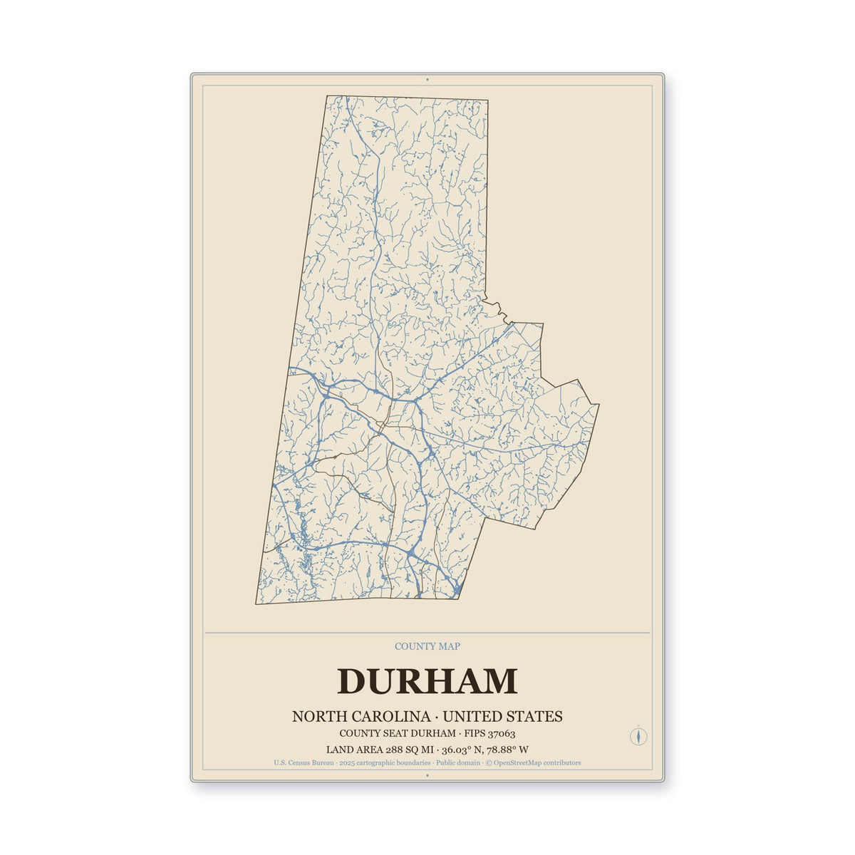 Durham County, North Carolina Map Aluminum Sign in Heritage Nautical style