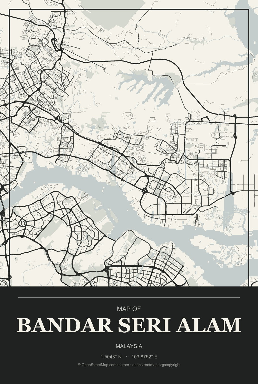 Bandar Seri Alam, Malaysia City Map Aluminum Sign in Museum Plaque style
