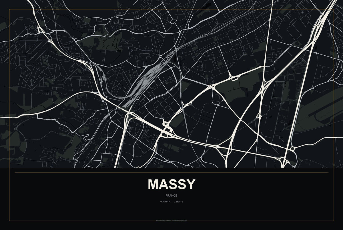 Massy, France City Map Aluminum Sign in Metropolitan Noir style