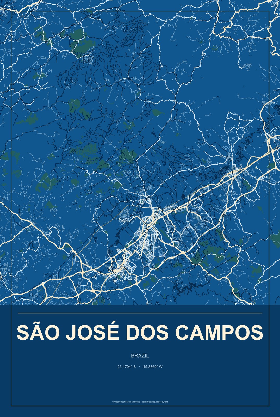São José dos Campos, Brazil City Map Aluminum Sign in Harbor Cobalt style
