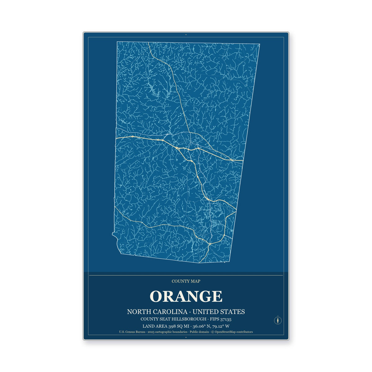 Orange County, North Carolina Map Aluminum Sign in Harbor Cobalt style
