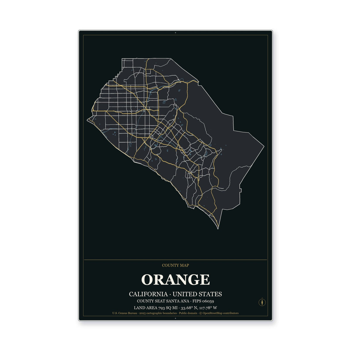 Orange County, California Map Aluminum Sign in Metropolitan Noir style