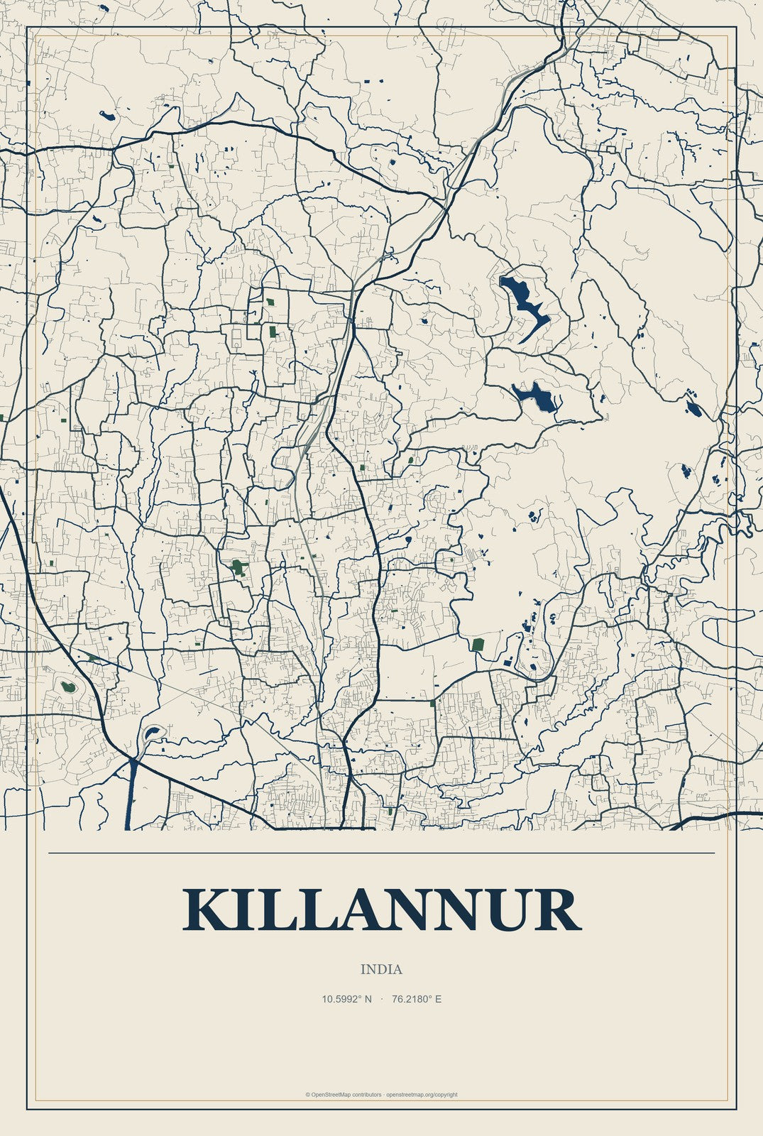 Killannur, India City Map Aluminum Sign in Coastal Cutout style