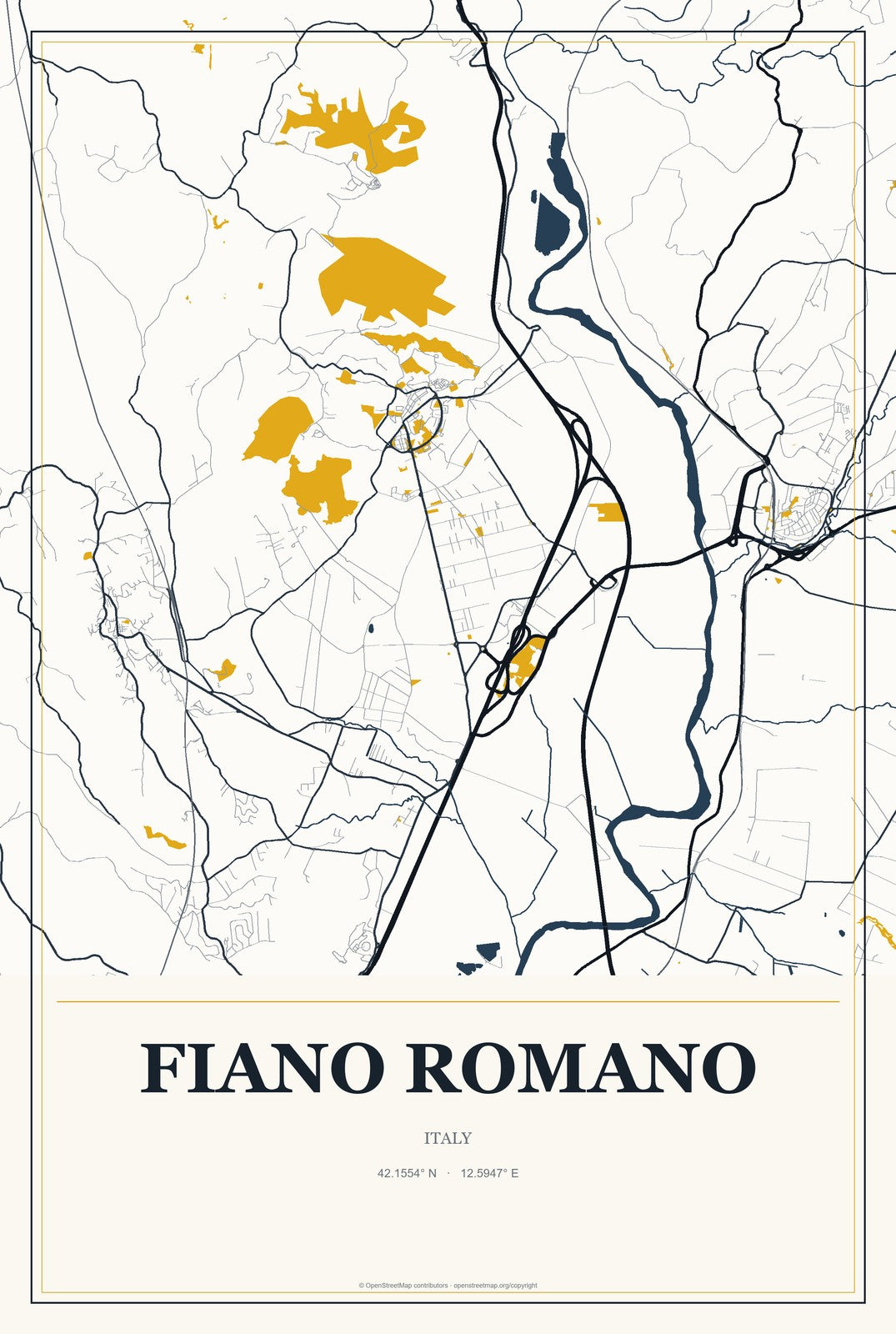 Fiano Romano, Italy City Map Aluminum Sign in Citrine Modern style